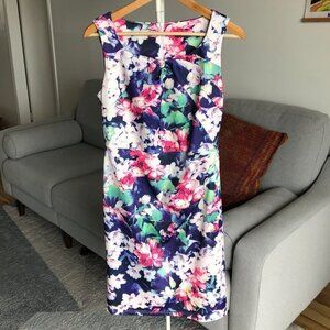 Suzy Shier Floral Pleated Dress Column Stretchy Ruched Mini Women's Medium